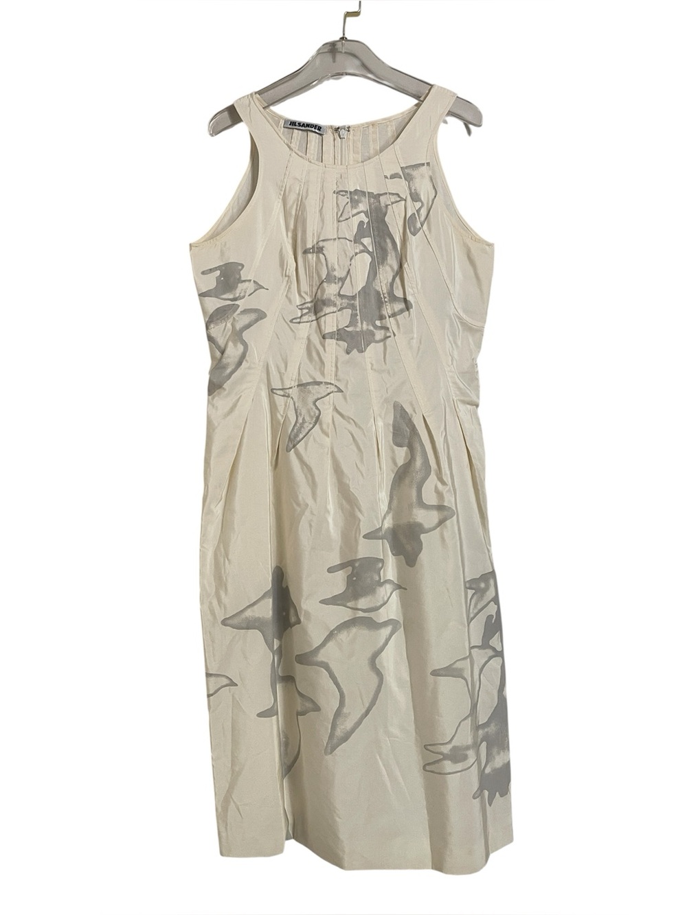 Jil Sander Cream Midi Dress with Gray Abstract Bird Motif